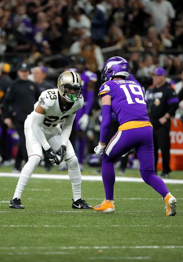 New Orleans Saints cornerback Marshon Lattimore (23) defends Minnesota Vikings receiver Adam Thielen (19) during a NFC Wild Card playoff game. Mandatory Credit: Derick Hingle-USA TODAY Sports